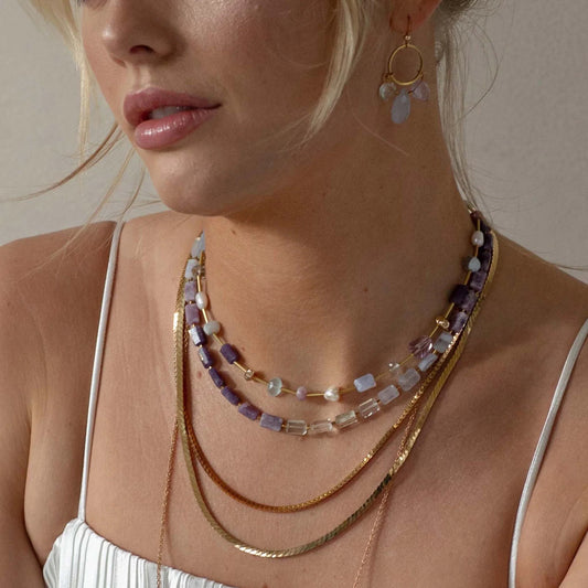 Multi-Color Gemstone, Pearl + Brass Necklace
