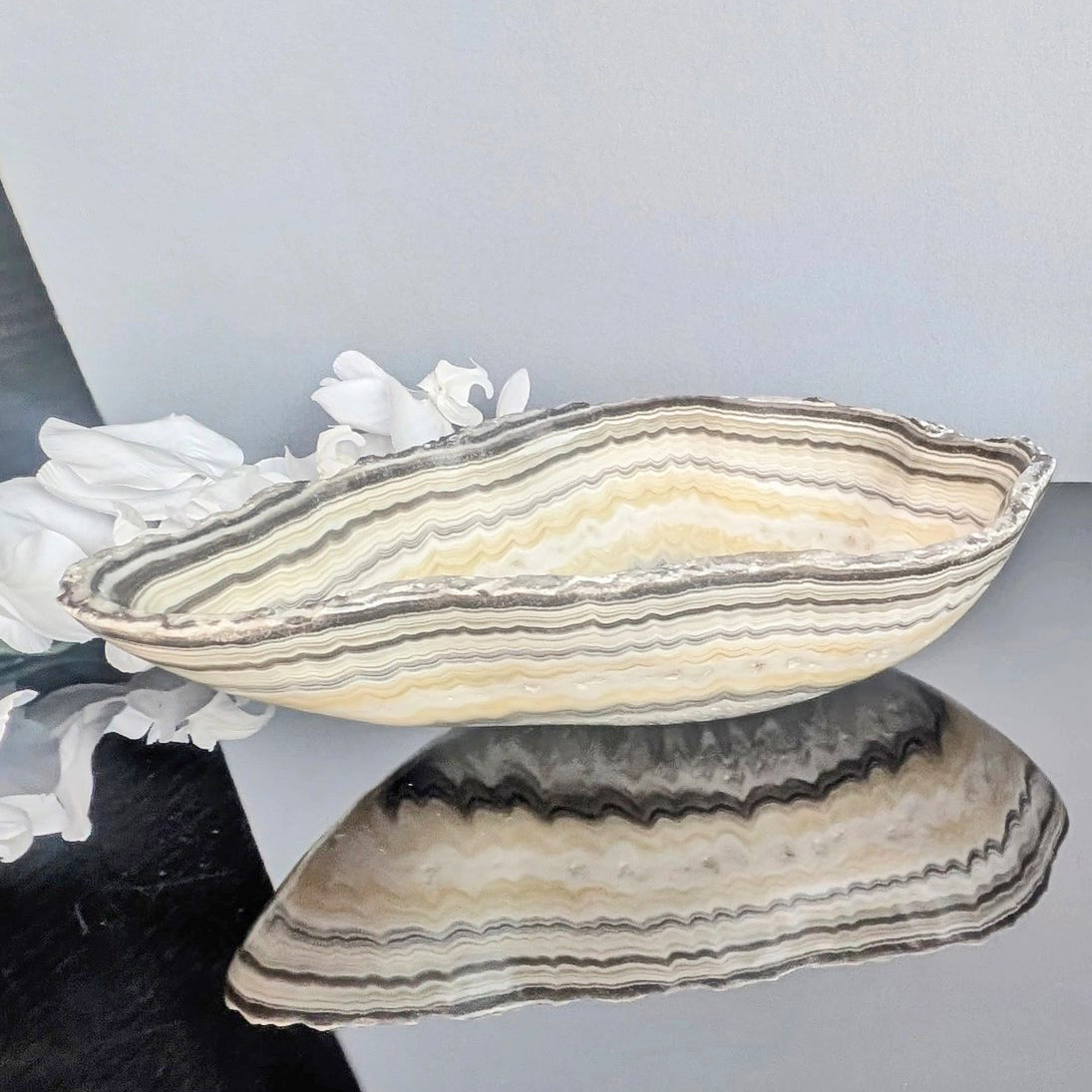 Hand Carved Zebra Onyx Stone Vessel - Gray, Cream + Yellow