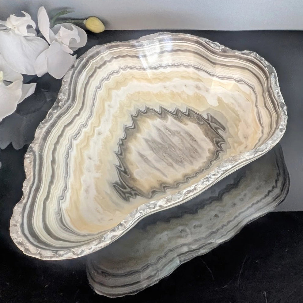 Hand Carved Zebra Onyx Stone Vessel - Gray, Cream + Yellow