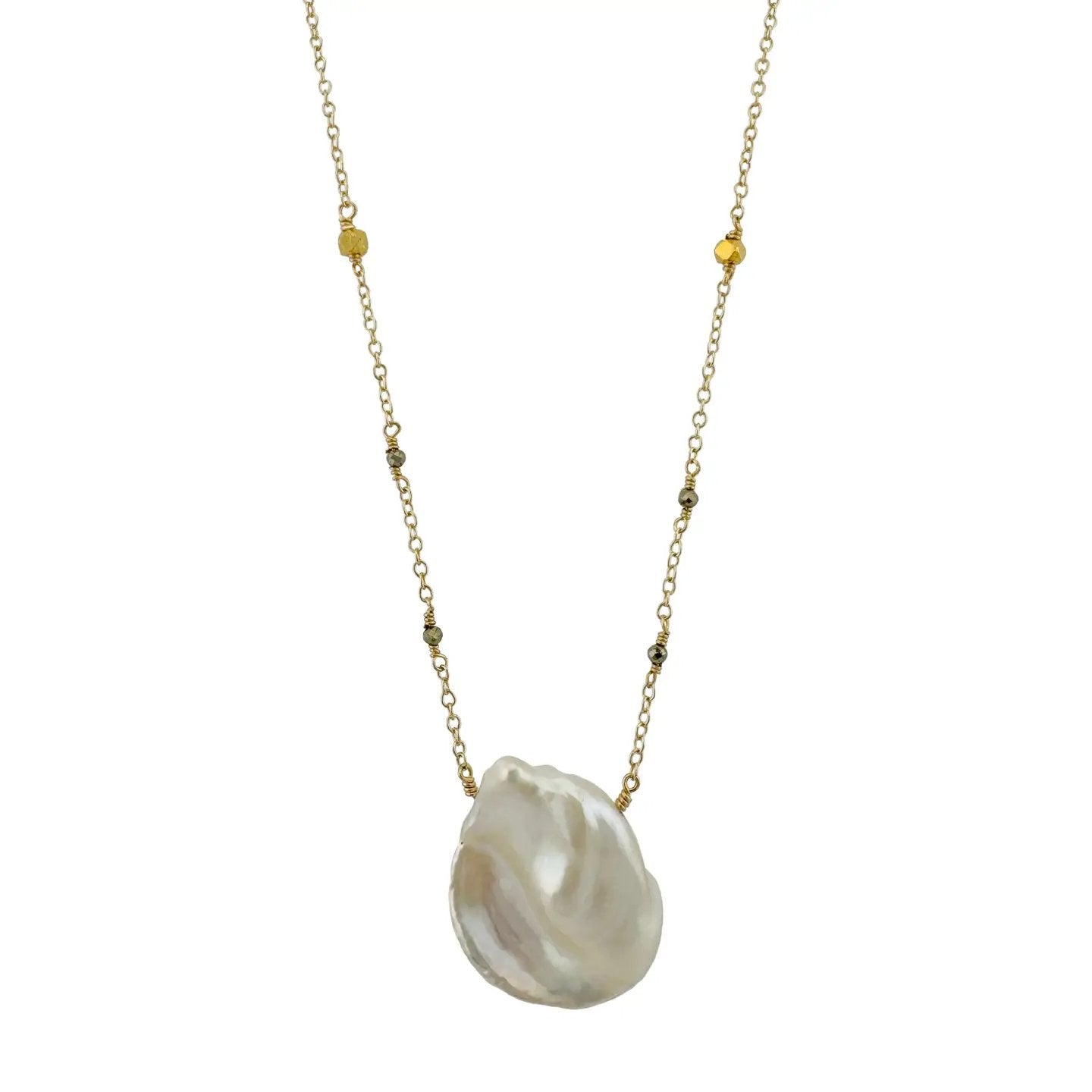 Large Pearl Pendant Necklace with Pyrite