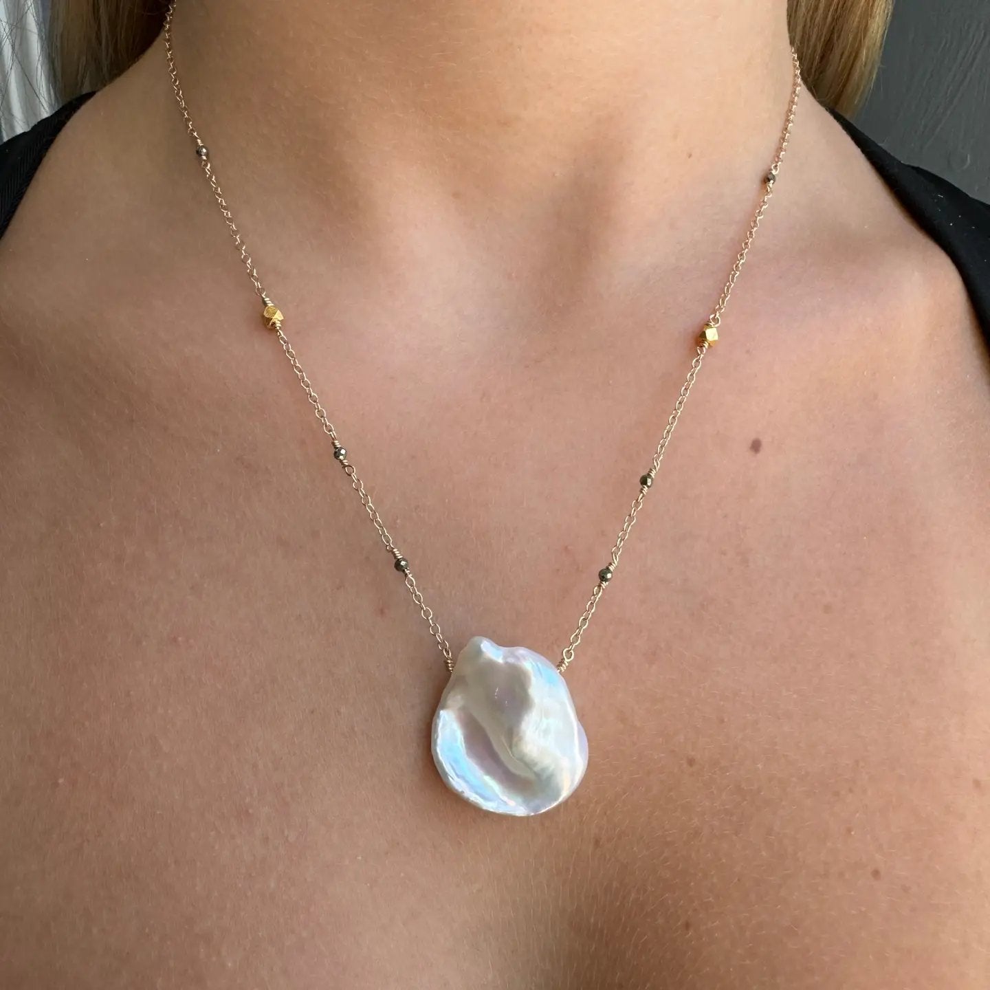 Large Pearl Pendant Necklace with Pyrite