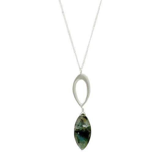 Leaf with Labradorite Marquis Necklace - Sterling Silver