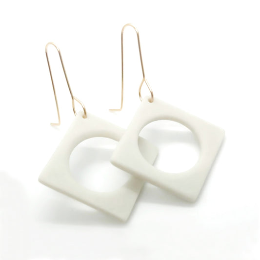Porcelain Cutout Squares Dangle Earrings - White