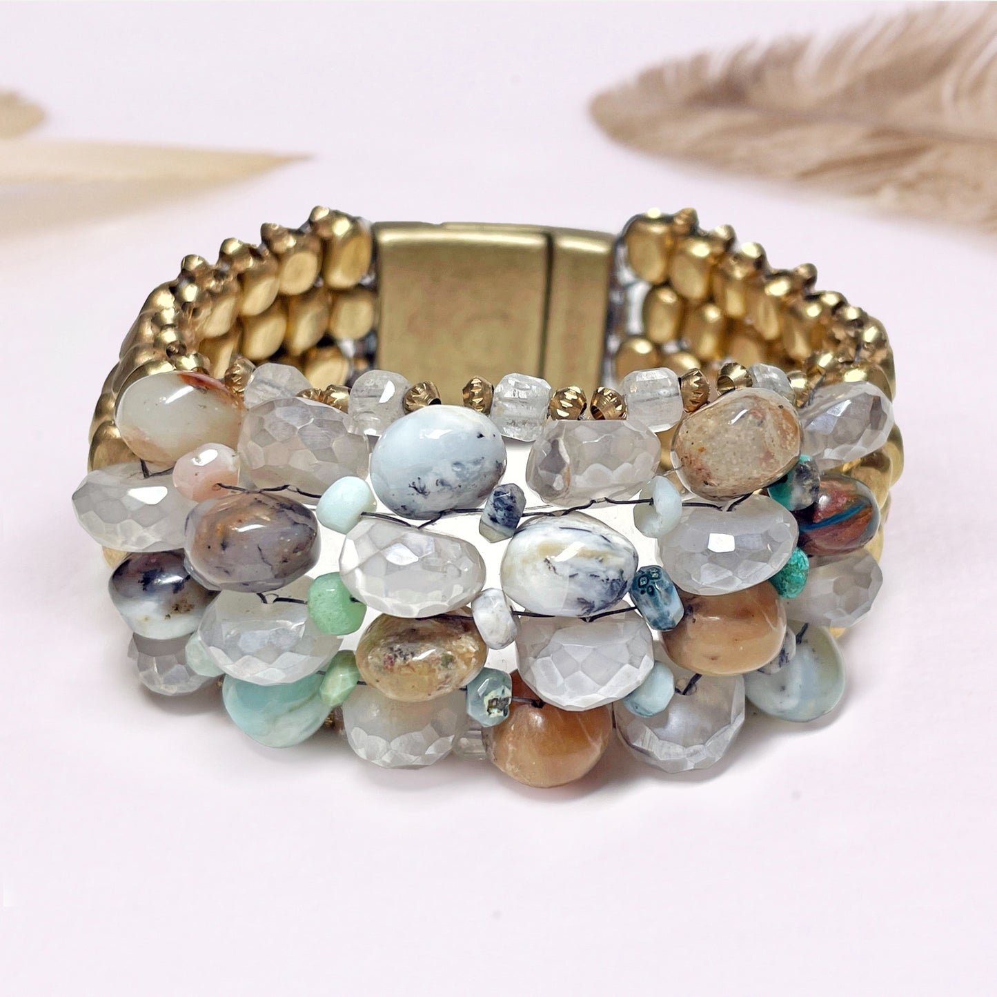 Peruvian Opal + Moonstone Gemstone Bracelet with Topaz + Brass Cubes