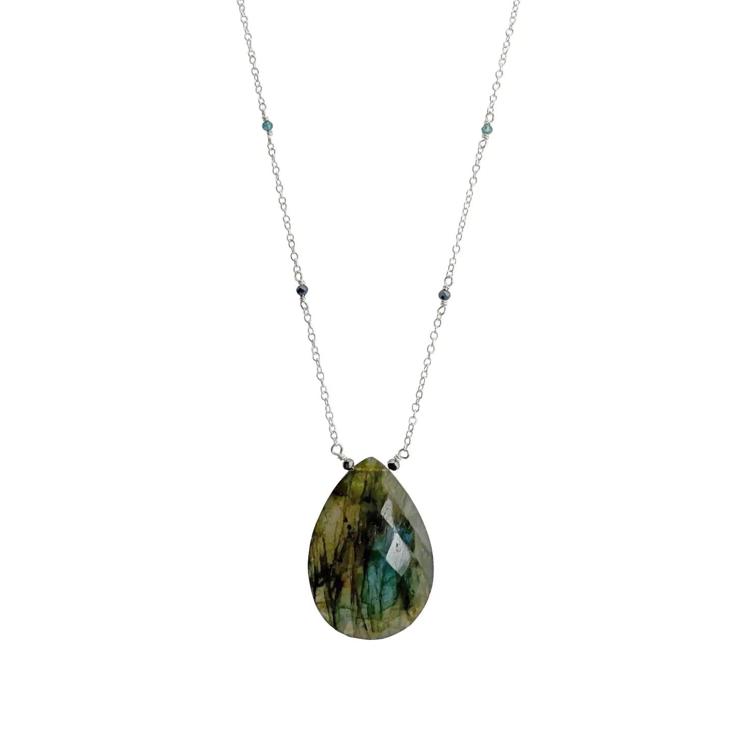Faceted Labradorite Gemstone on Beaded Chain Necklace - Sterling Silver