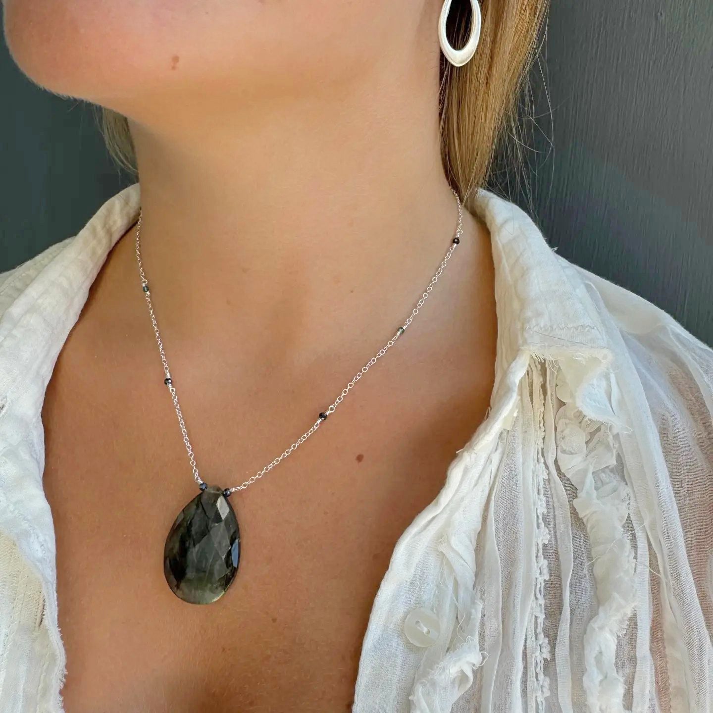 Faceted Labradorite Gemstone on Beaded Chain Necklace - Sterling Silver
