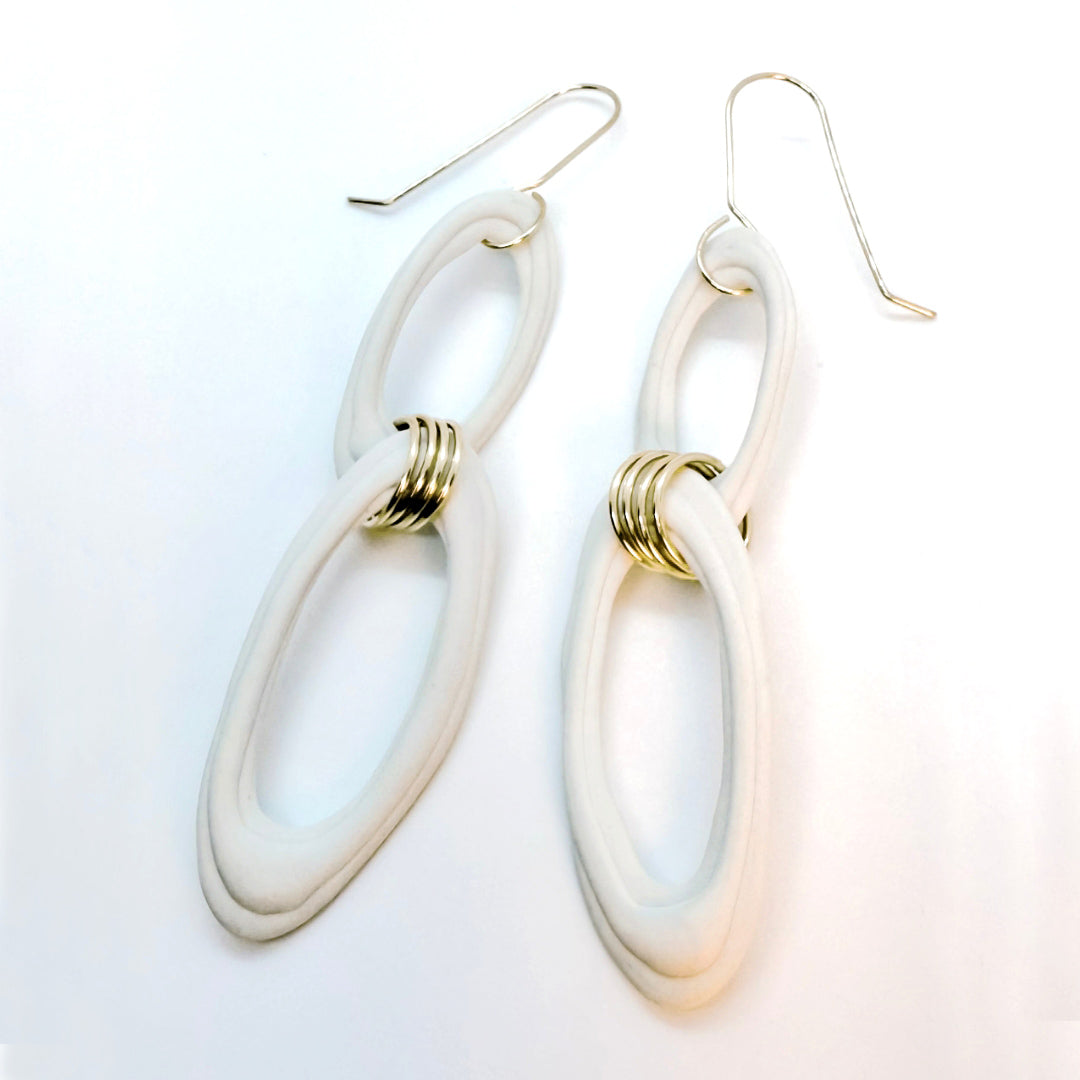 Large Linked Porcelain Oval Dangle Earrings - White