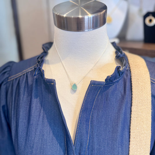 Hand-Crocheted Small Aqua Chalcedony Teardrop Pendant Necklace - Sterling Silver