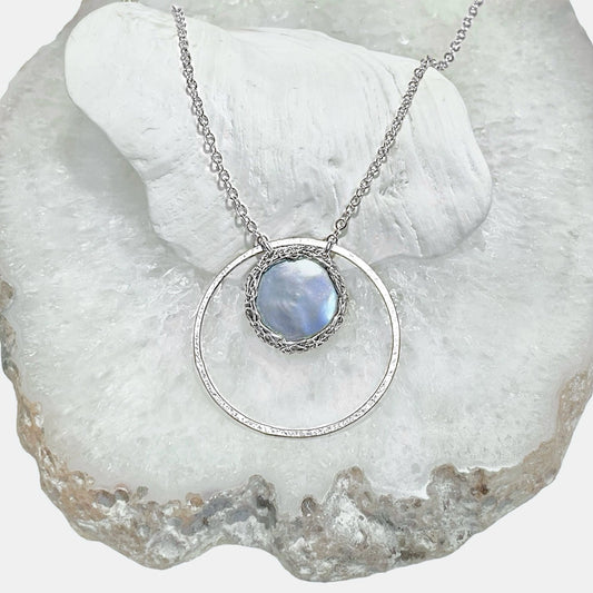 Hand-Crocheted Peacock Pearl Hoop Pendant Necklace - Sterling Silver
