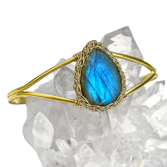 Hand-Crocheted Labradorite Teardrop Cuff Bracelet - Gold Filled
