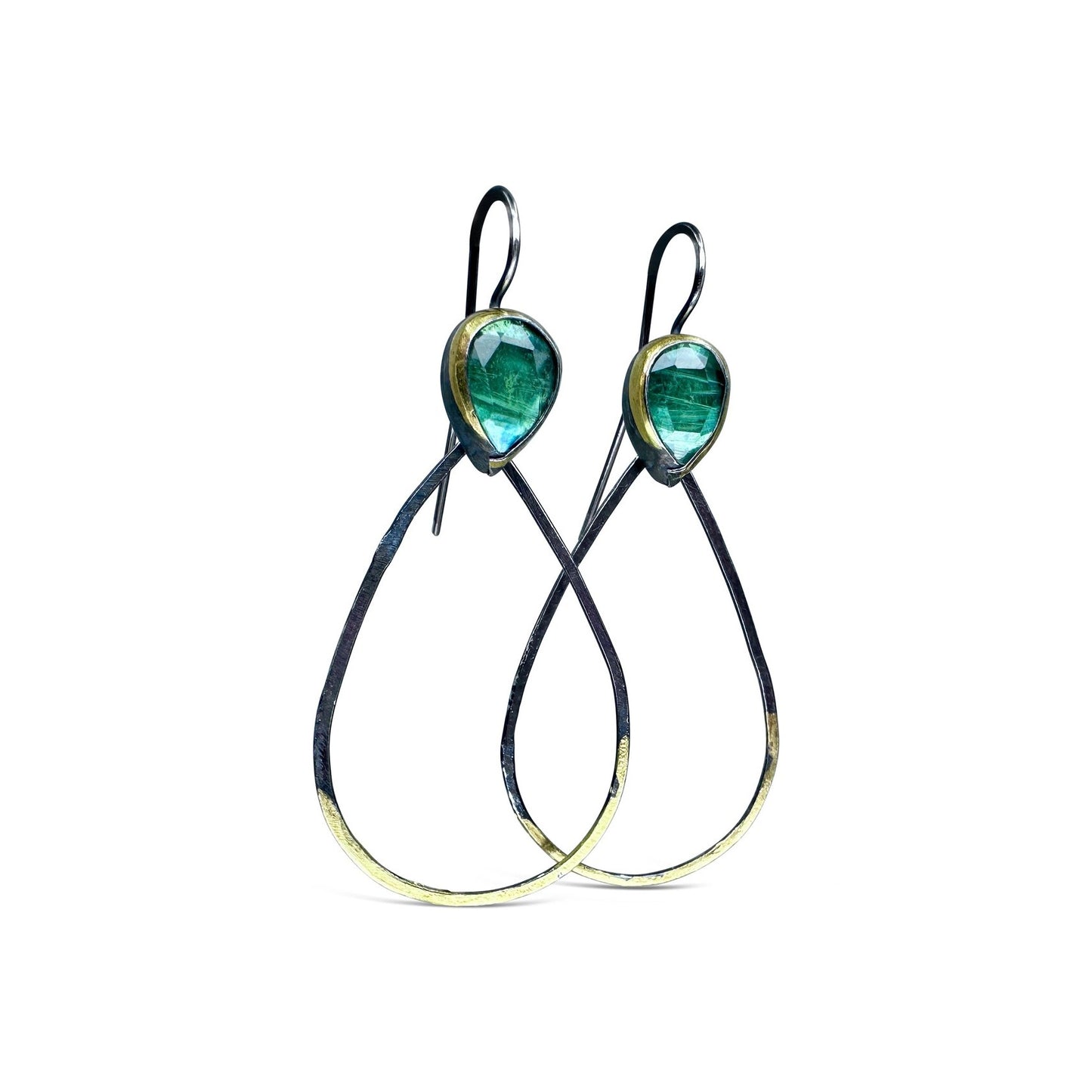 Mixed-Metal Long Teardrop ‘Rim Dangle’ Earrings with Green Kyanite