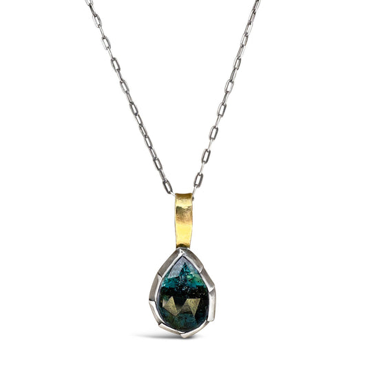 Mixed Metal ‘Teardrop Fold’ Pendant Necklace with Teal Moss Kyanite