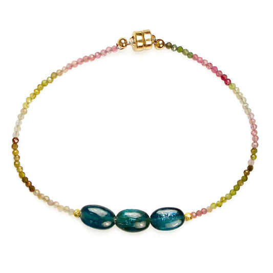 Multicolor Tourmaline + 3 Kyanite Ovals Bracelet — Gold Vermeil