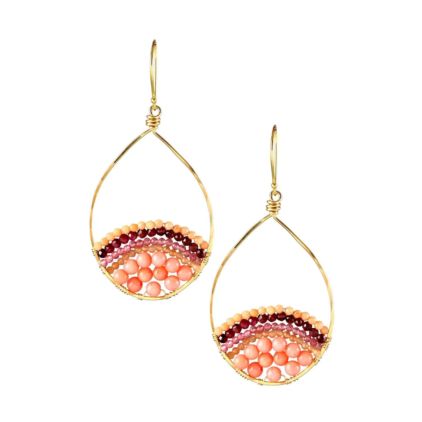 Coral, Sunstone, Quartz + Ruby Mosaic Gem Teardrop Earrings