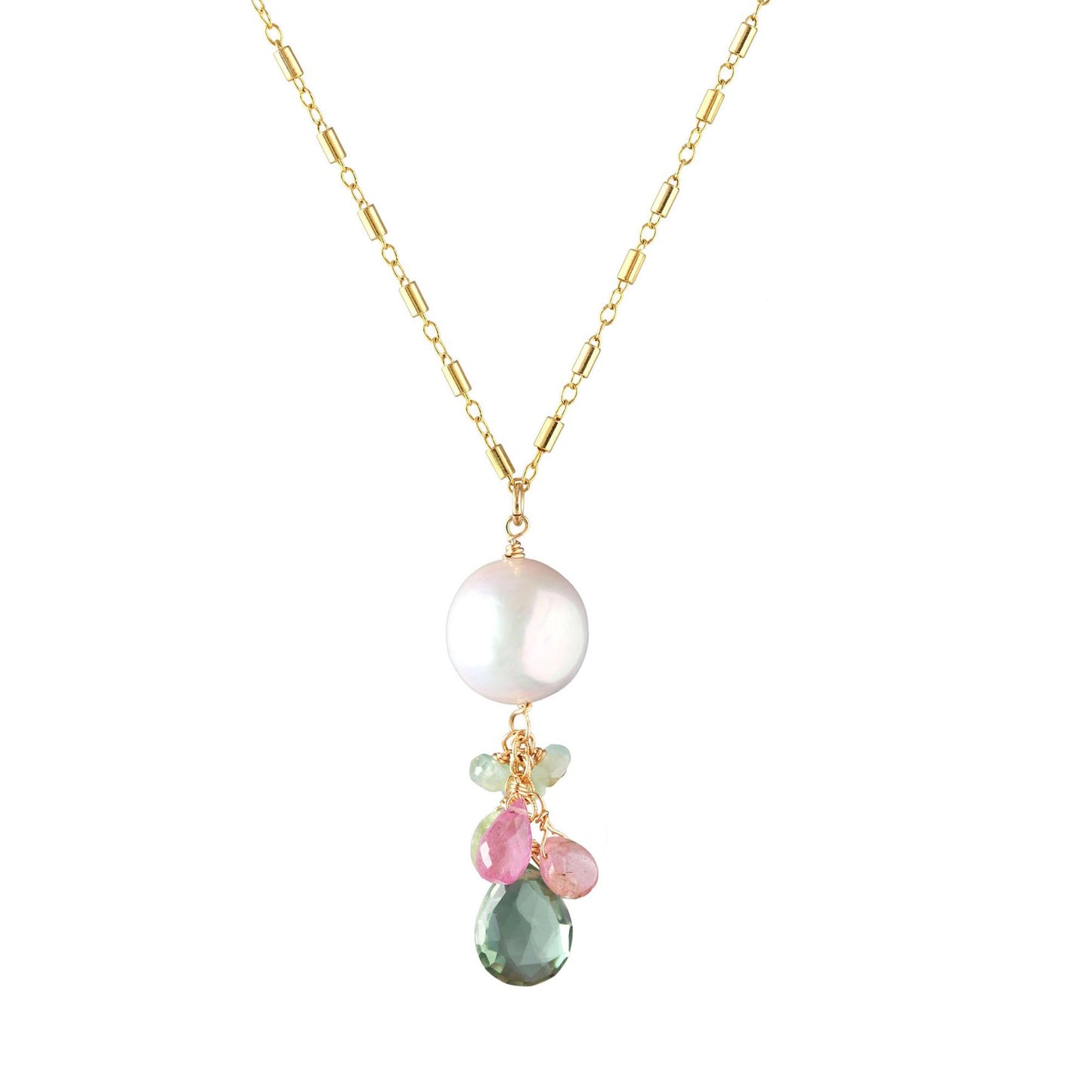 White Pearl + Multicolor Tourmaline Pendant Necklace