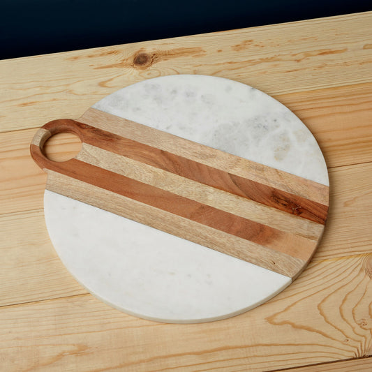 White Marble + Wood Round Charcuterie Board with Handle