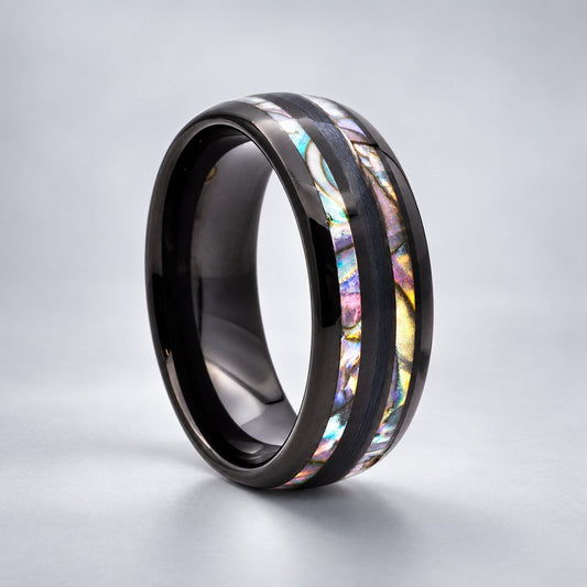 Men’s Black Tungsten Band Ring with Abalone Stripes