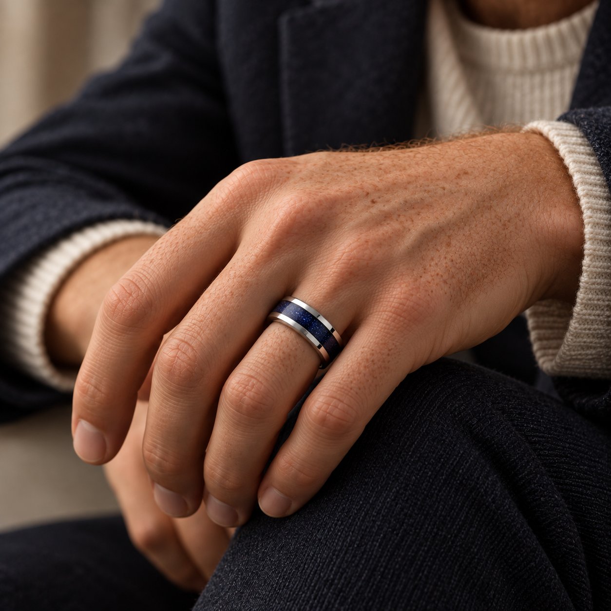 Men’s Tungsten Band Ring with Blue Sandstone Inlay