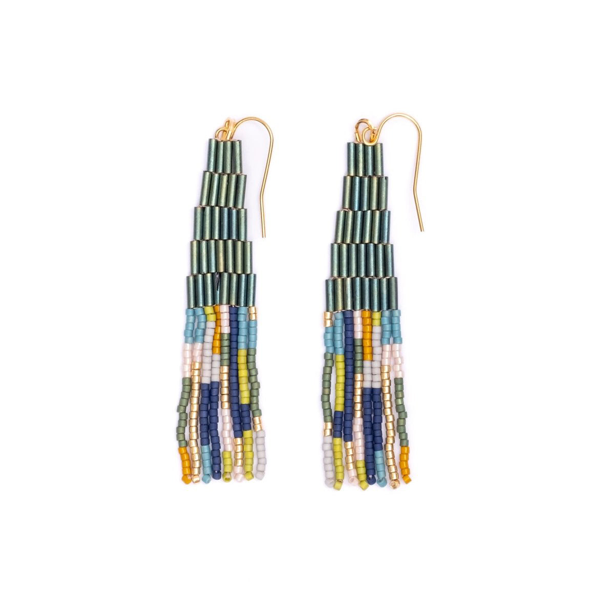 Beaded Handwoven Abstract Fringe Earrings - Emerald
