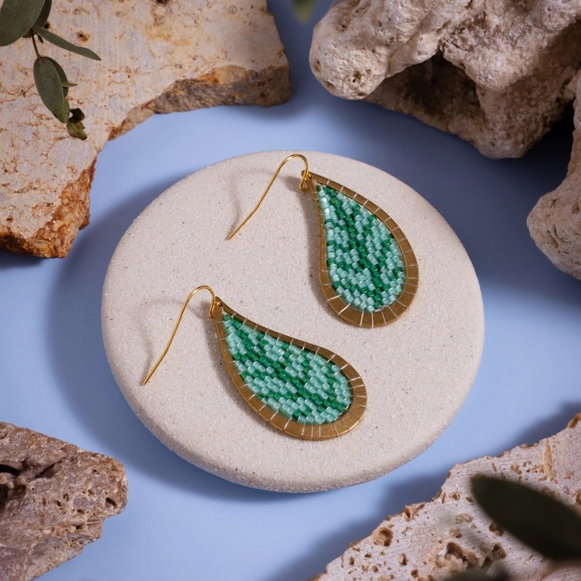 Beaded Handwoven Brass Framed Leaf Earrings - Green