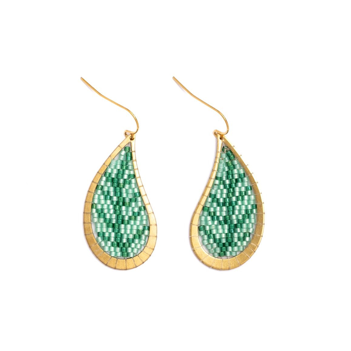 Beaded Handwoven Brass Framed Leaf Earrings - Green