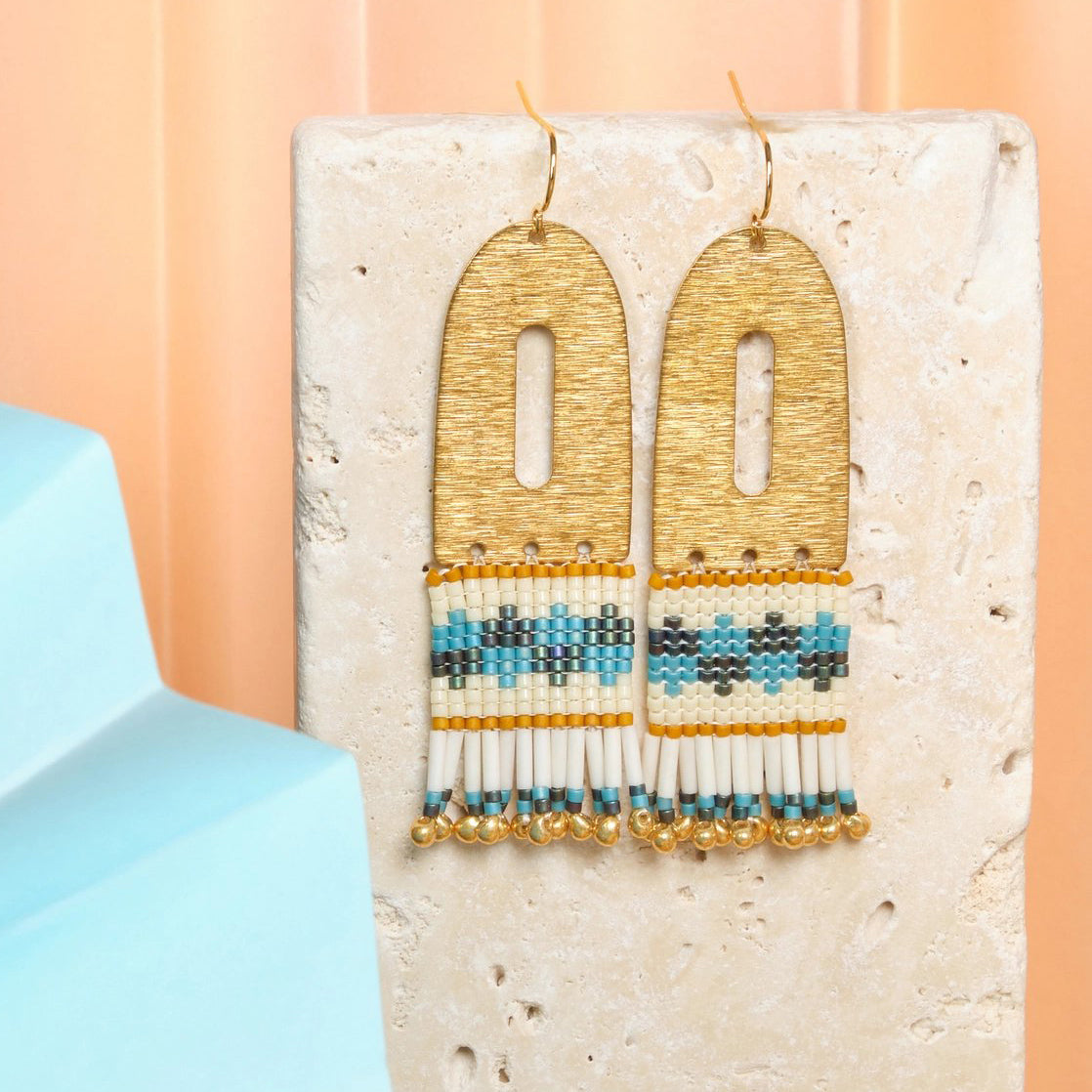 Beaded Handwoven Color Block Earrings - Green/Aqua