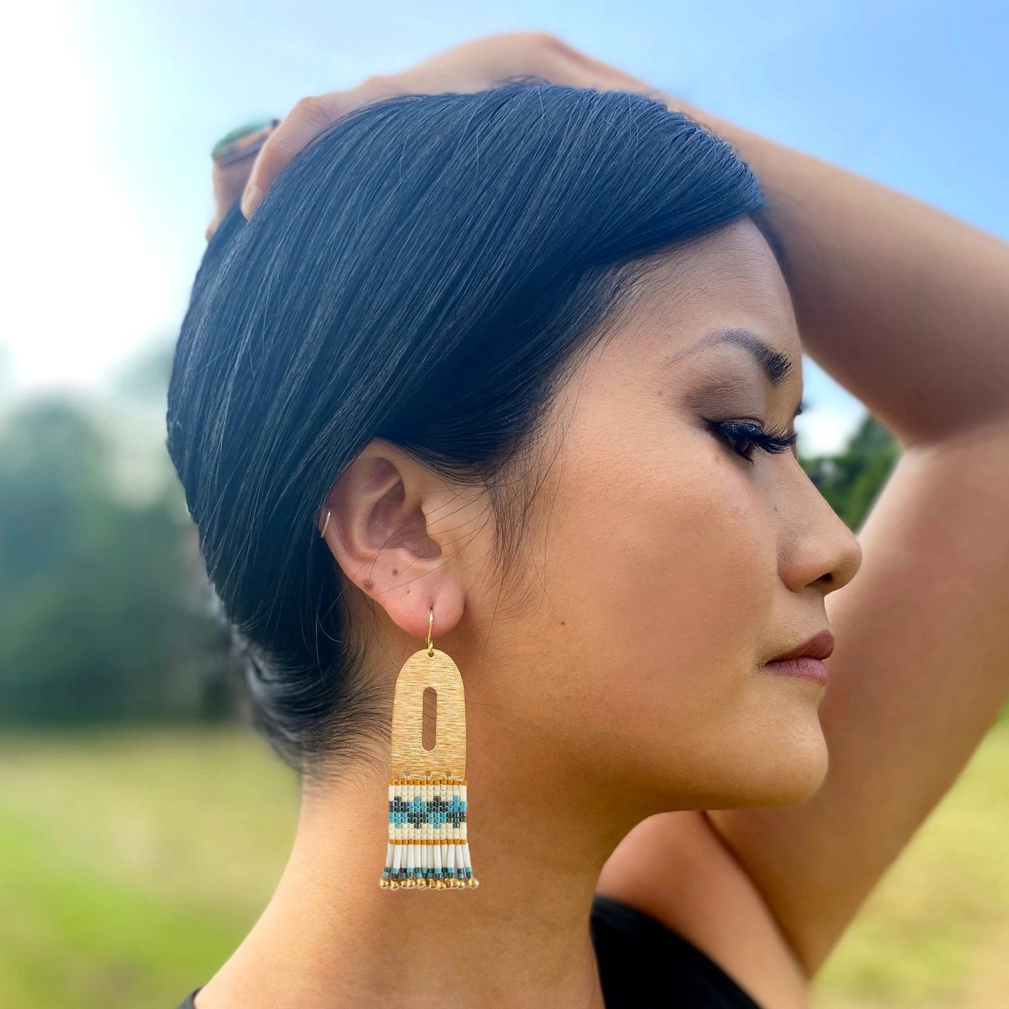 Beaded Handwoven Color Block Earrings - Green/Aqua