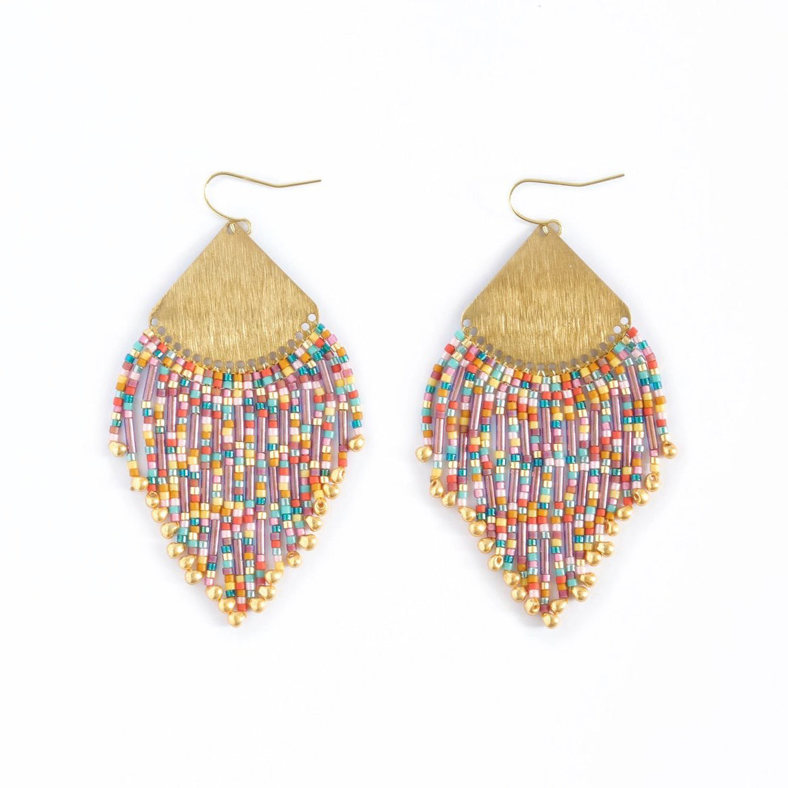 Beaded Handwoven Confetti Fringe Earrings - Purple/Rust