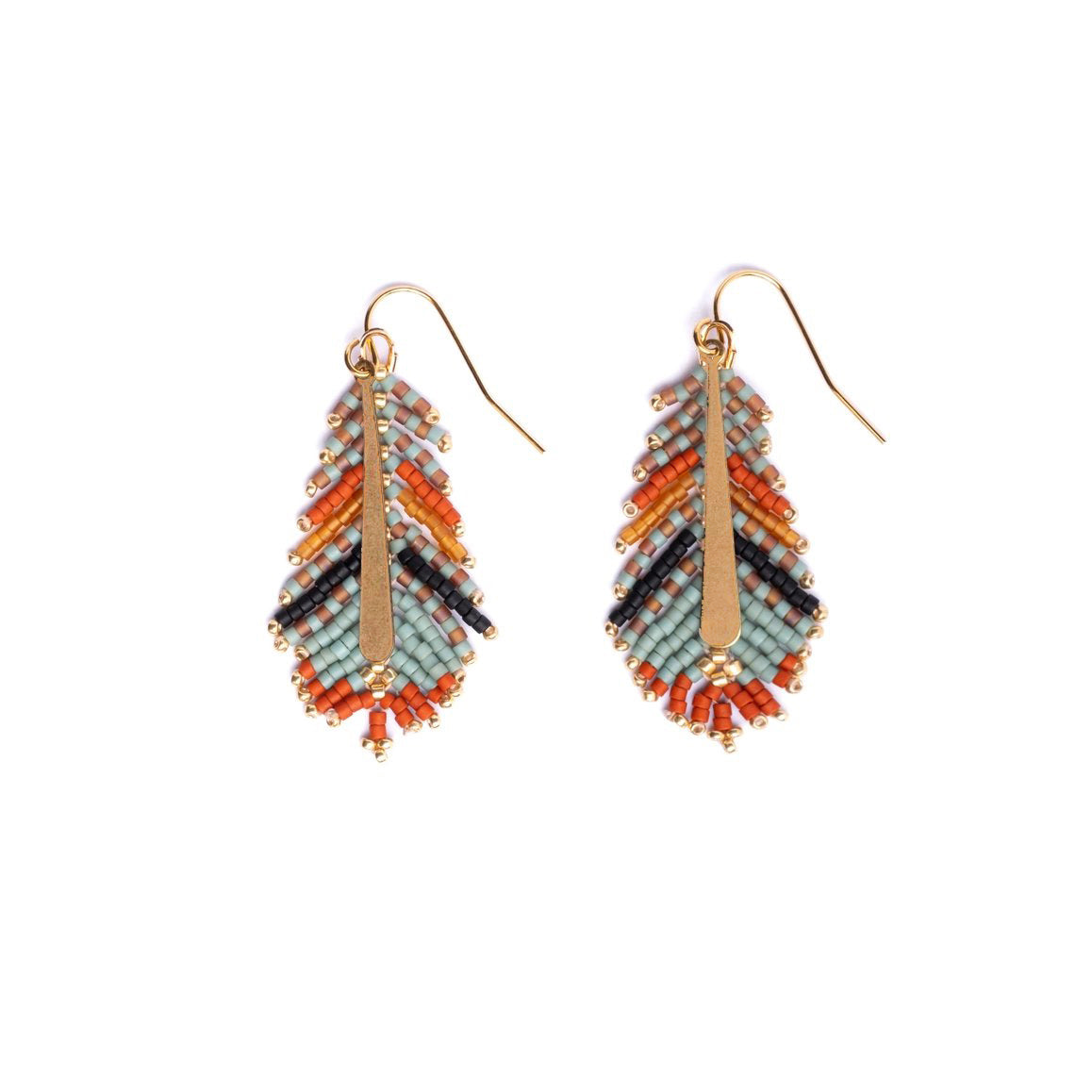 Beaded Handwoven Gilded Feather Earrings - Rust/Aqua