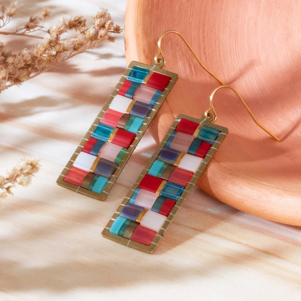 Beaded Handwoven Mosaic Tila + Brass Earrings - Aqua/Red