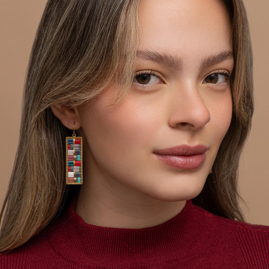 Beaded Handwoven Mosaic Tila + Brass Earrings - Aqua/Red