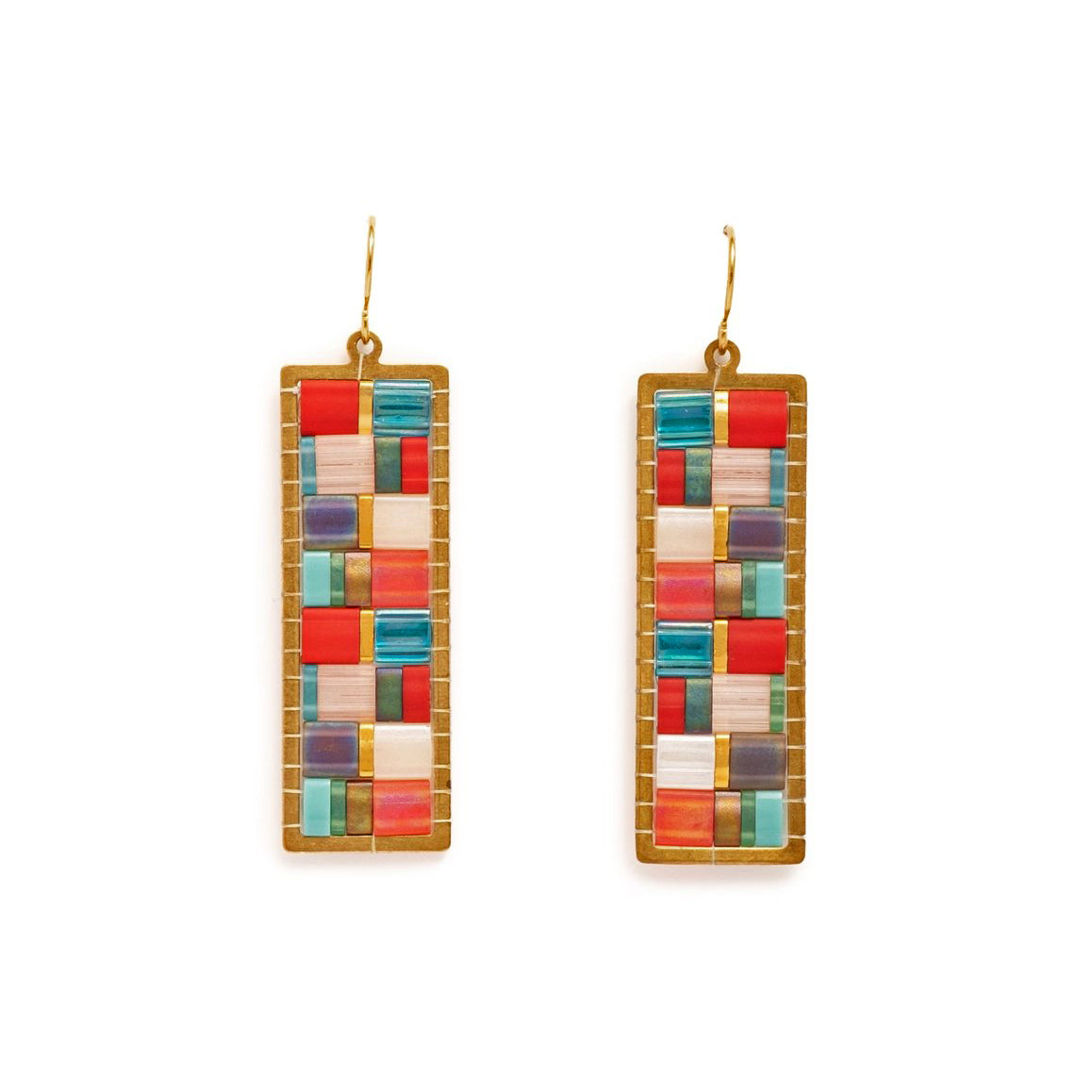 Beaded Handwoven Mosaic Tila + Brass Earrings - Aqua/Red