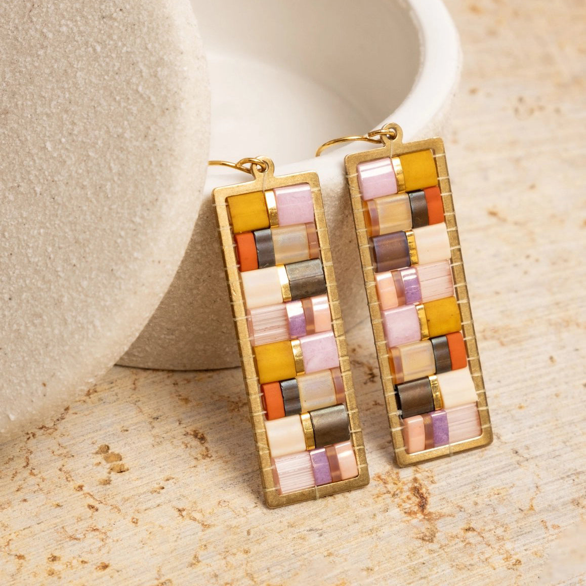 Beaded Handwoven Mosaic Tila + Brass Earrings - Lilac