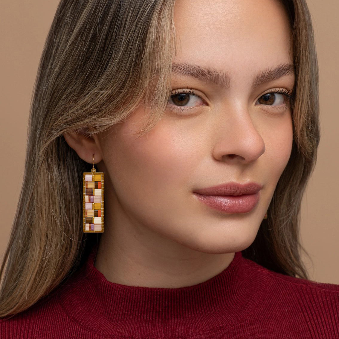 Beaded Handwoven Mosaic Tila + Brass Earrings - Lilac