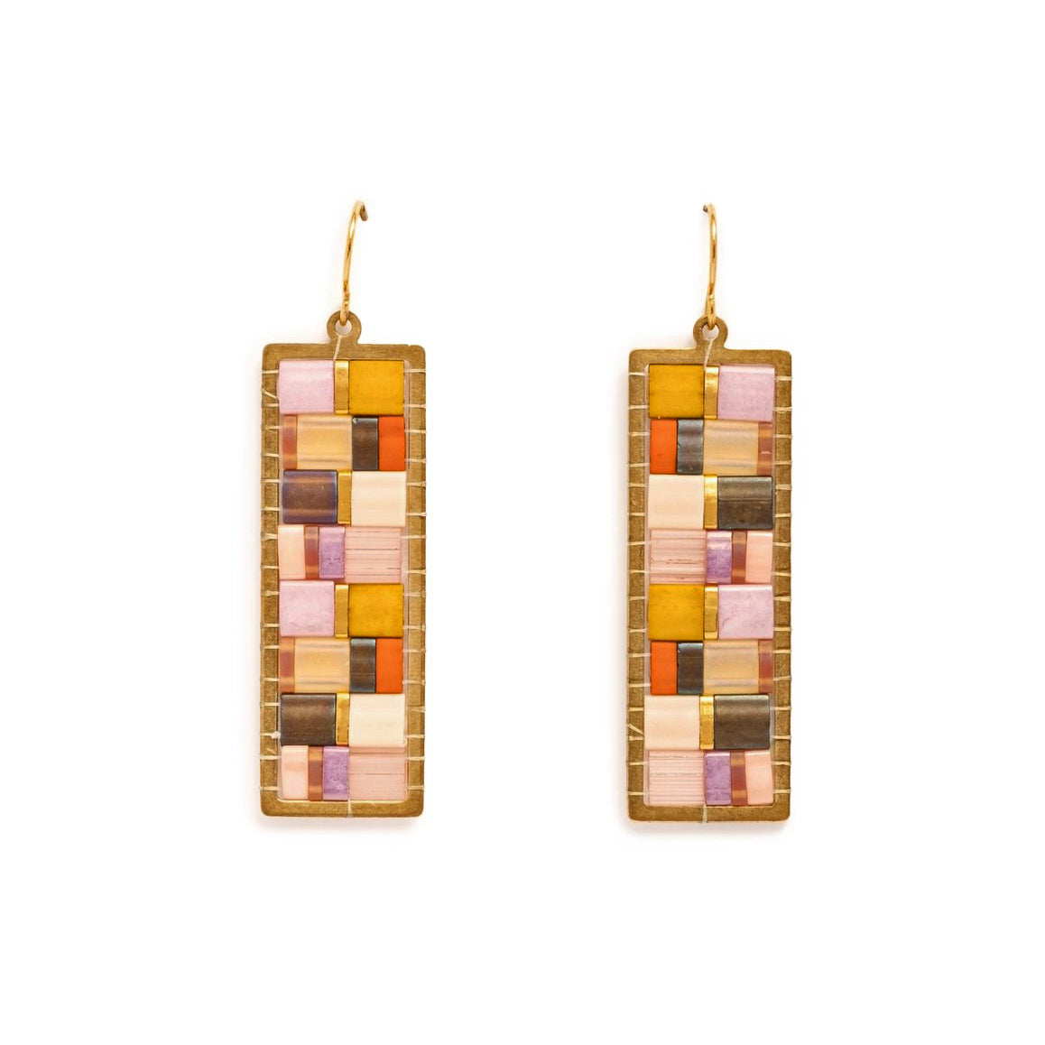 Beaded Handwoven Mosaic Tila + Brass Earrings - Lilac