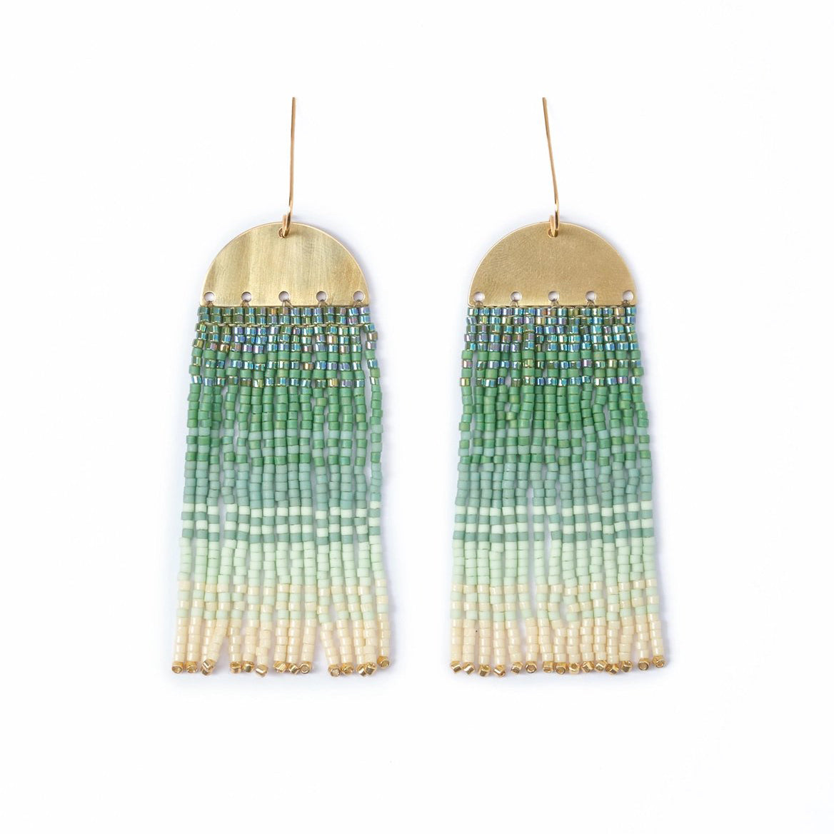 Beaded Handwoven Ombre Fringe Earrings - Green