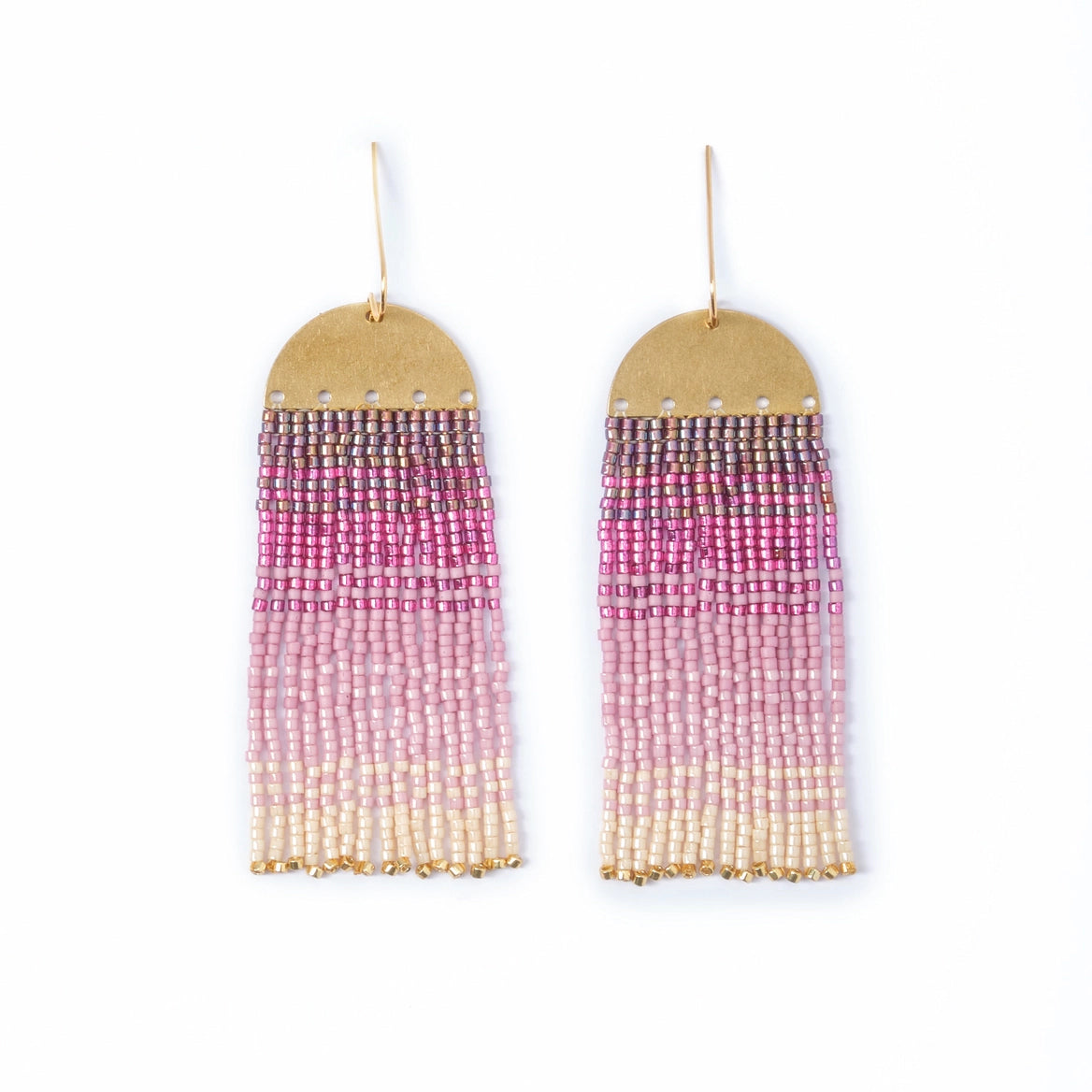 Beaded Handwoven Ombre Fringe Earrings - Pink