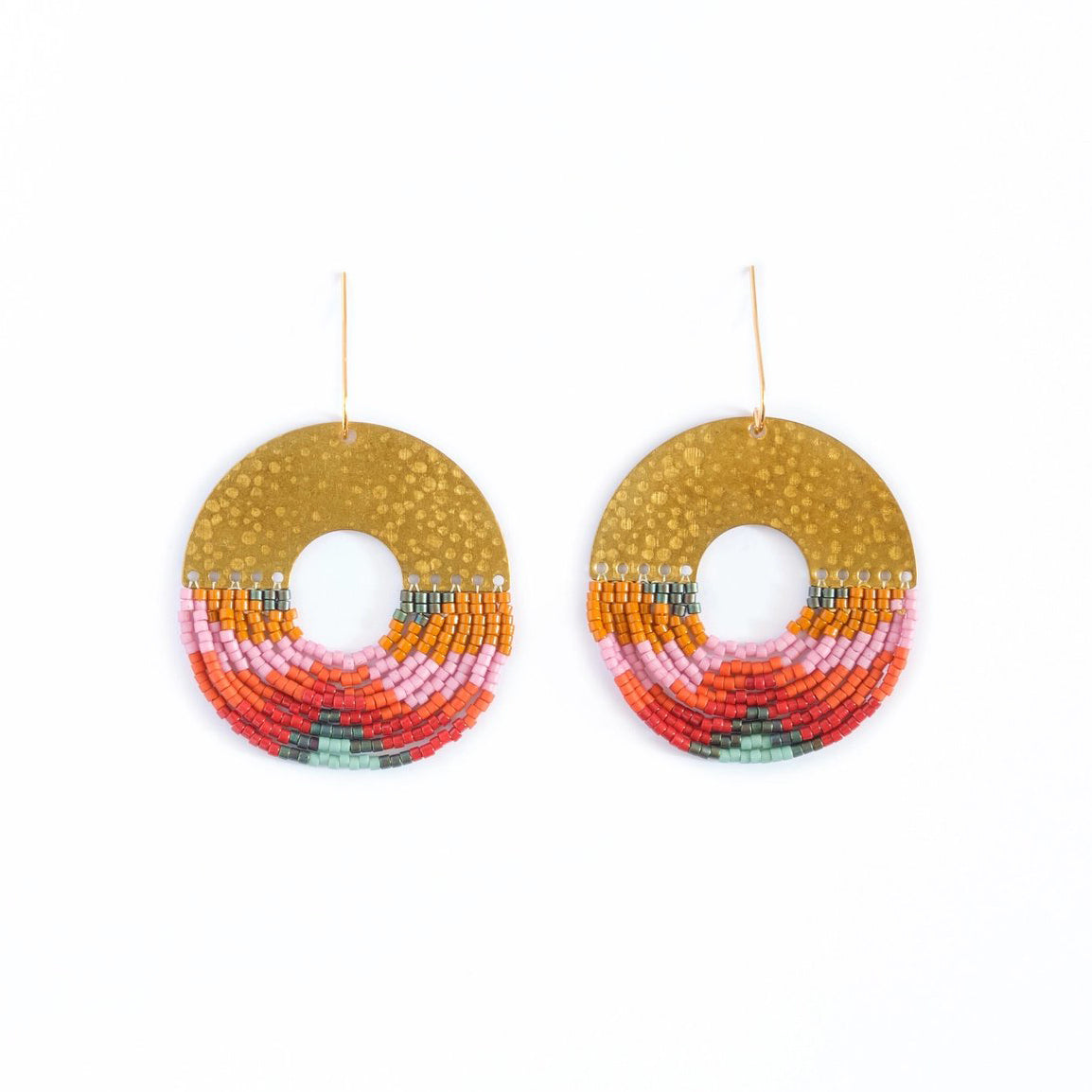 Beaded Handwoven Organic Circular Fringe Earrings - Lilac
