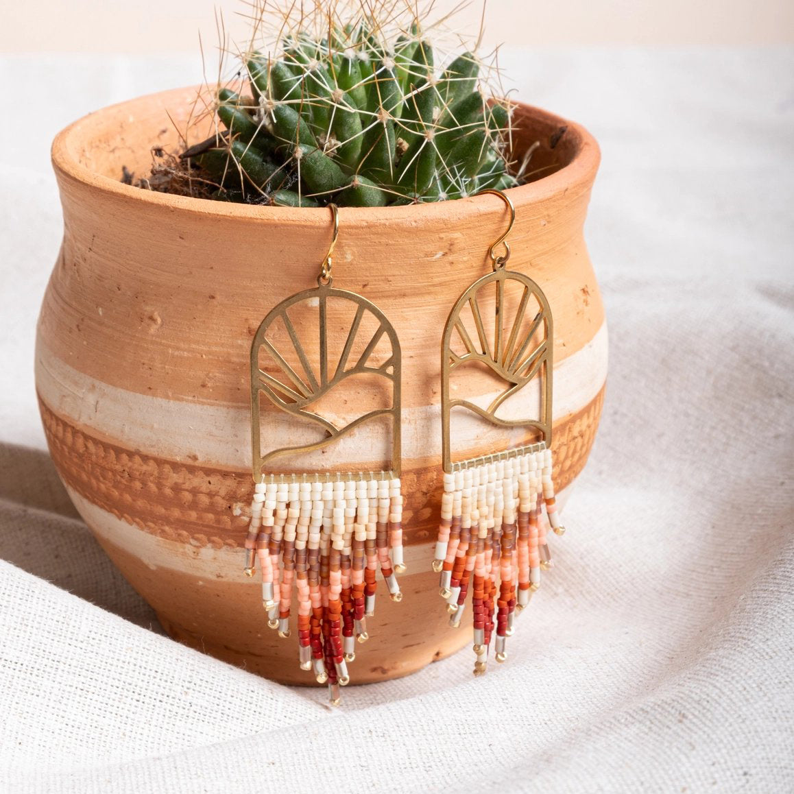 Beaded Handwoven Sedona Sunset Fringe Earrings - Rust/Salmon