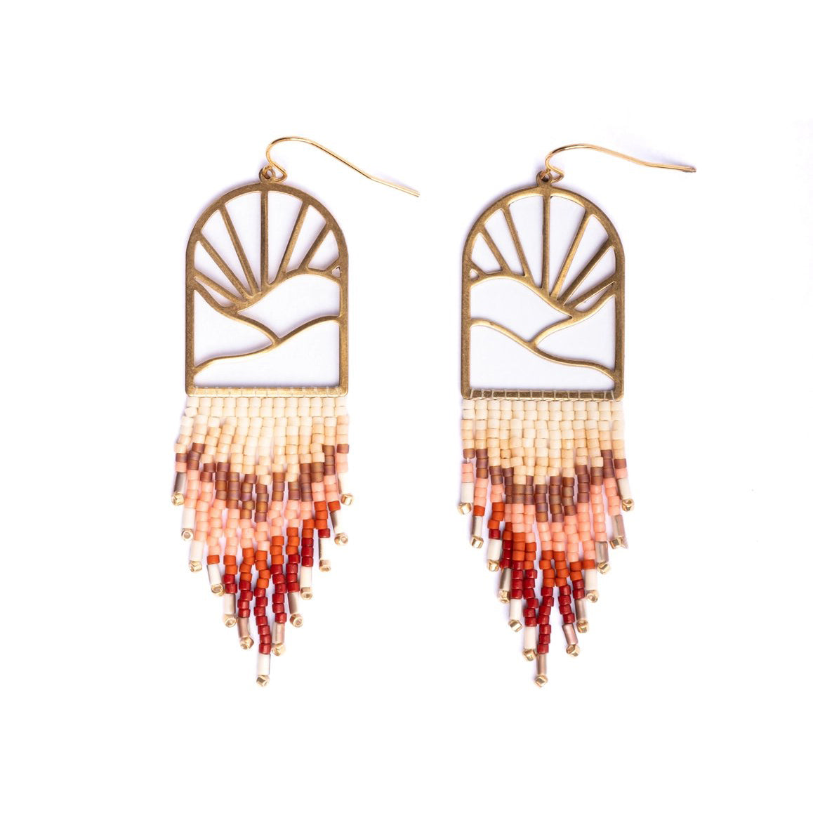 Beaded Handwoven Sedona Sunset Fringe Earrings - Rust/Salmon