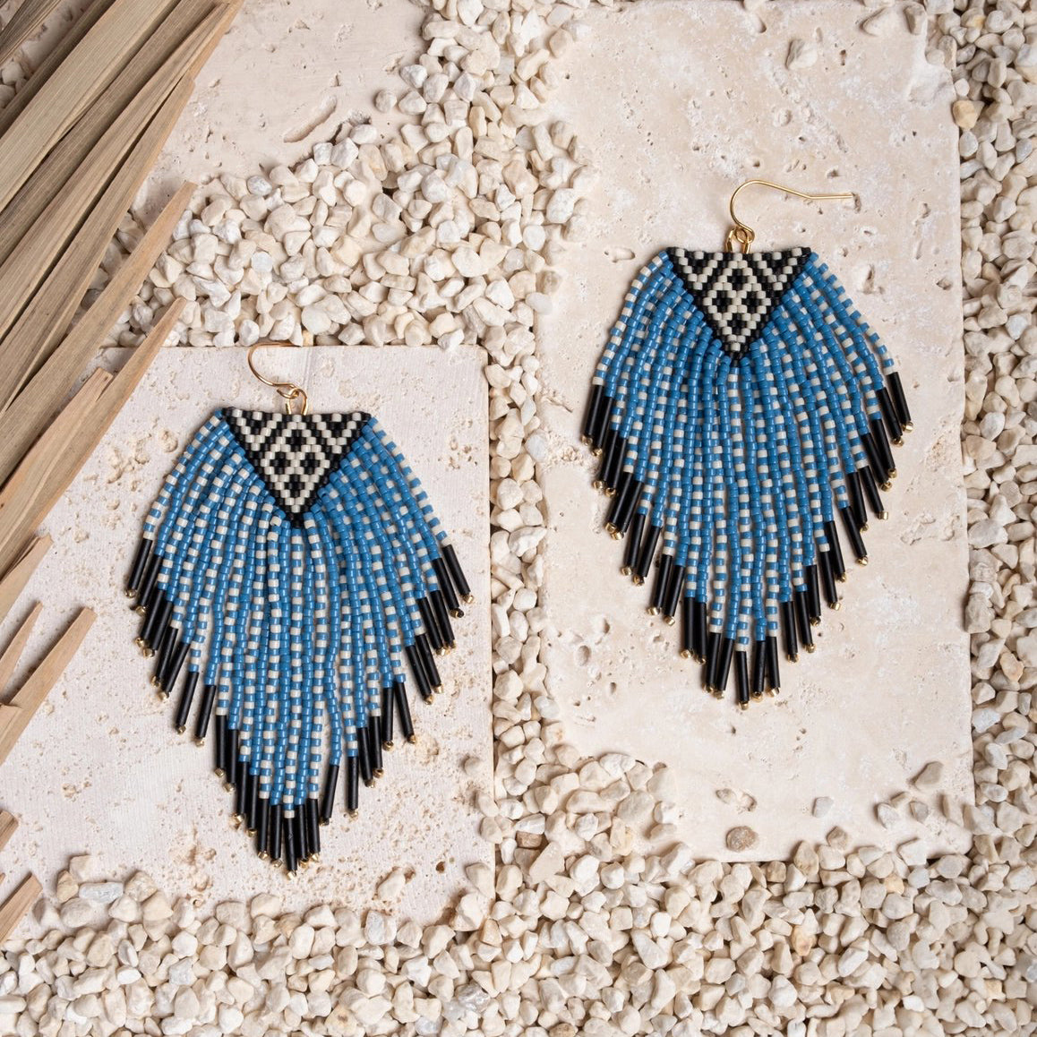 Beaded Handwoven Sonoran Triangle Fringe Earrings - Blue