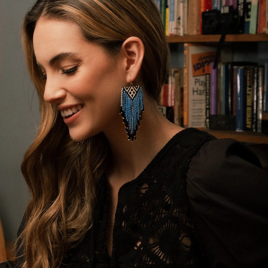 Beaded Handwoven Sonoran Triangle Fringe Earrings - Blue