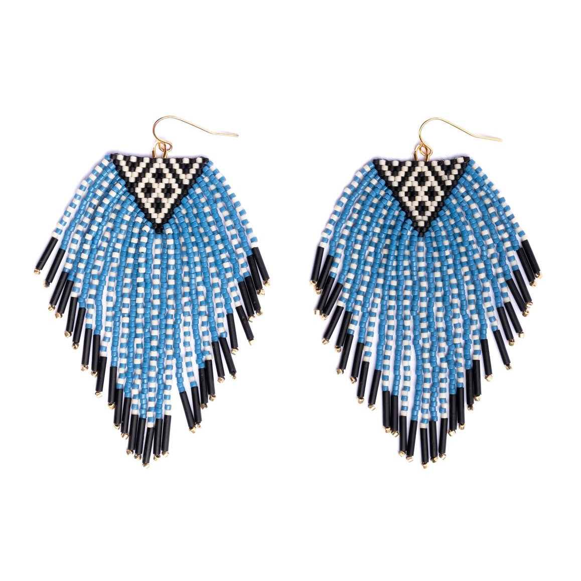 Beaded Handwoven Sonoran Triangle Fringe Earrings - Blue