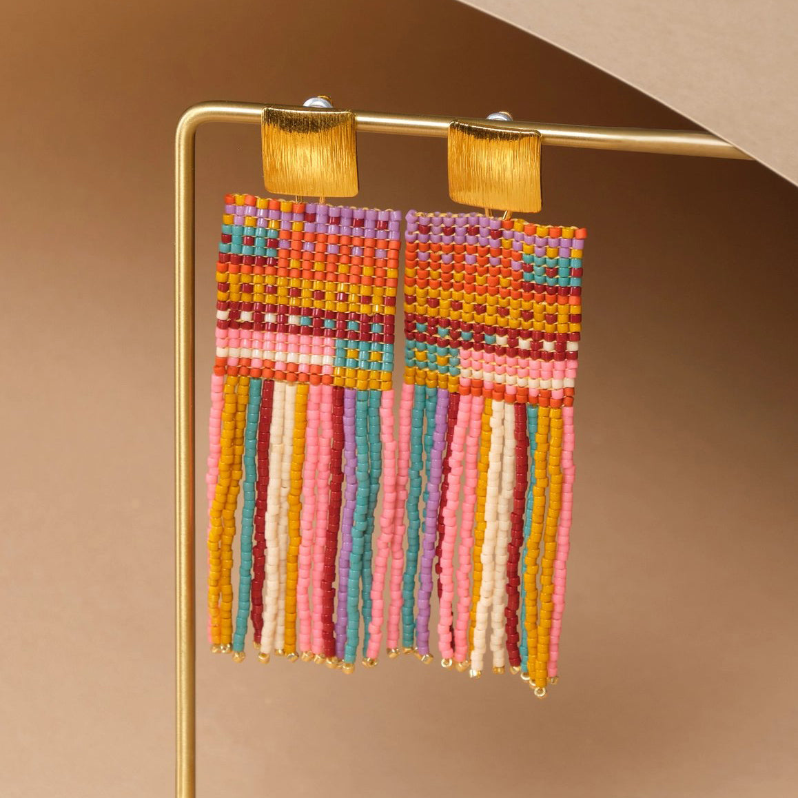 Beaded Handwoven Striped Knit Fringe Earrings - Warmed Earth