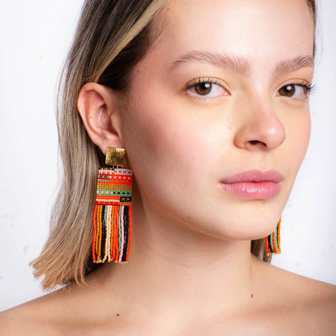 Beaded Handwoven Striped Knit Fringe Earrings - Warmed Earth