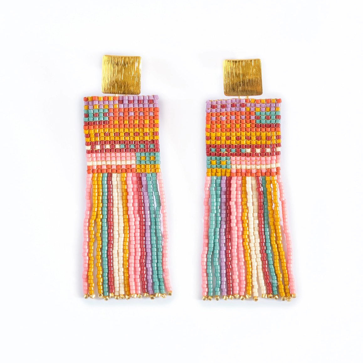 Beaded Handwoven Striped Knit Fringe Earrings - Warmed Earth