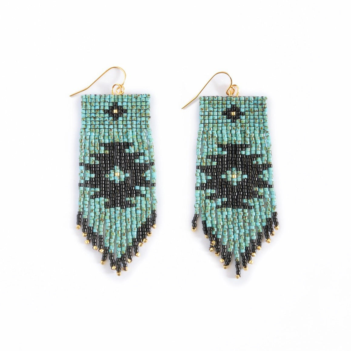 Beaded Handwoven Tribal Fringe Earrings - Aqua/Black