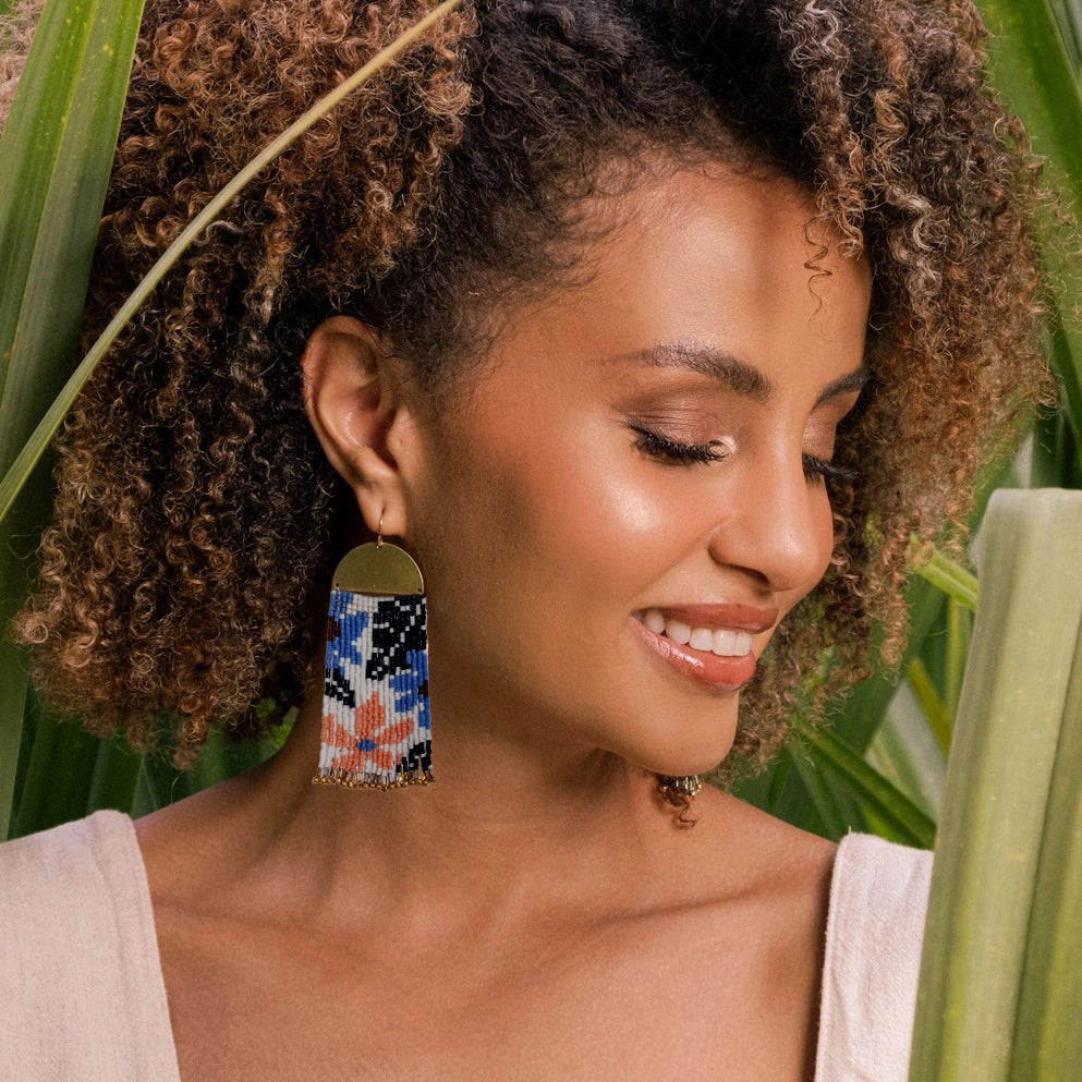 Beaded Handwoven Tropical Fringe Earrings - Blue/Peach