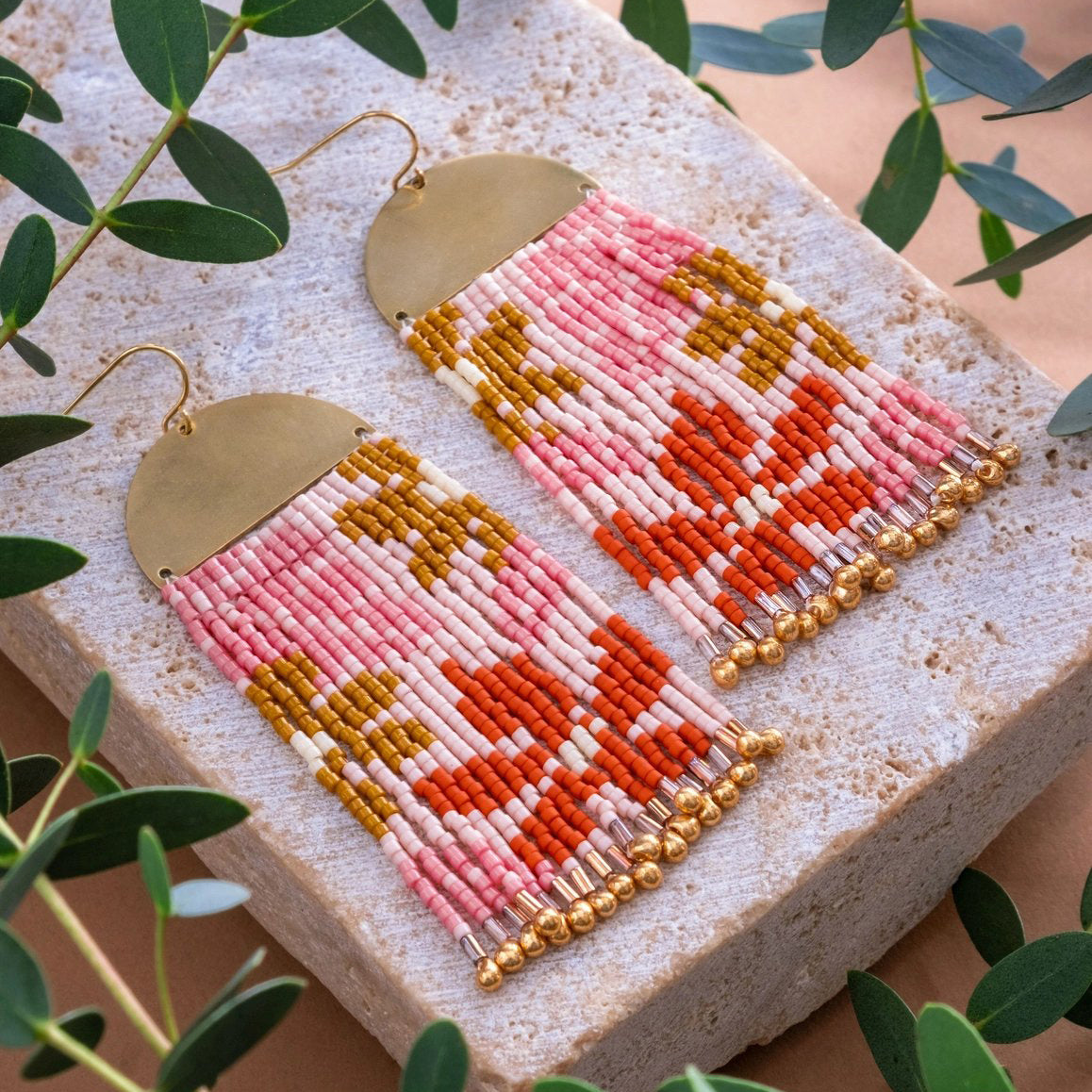 Beaded Handwoven Tropical Fringe Earrings - Pink/Mustard