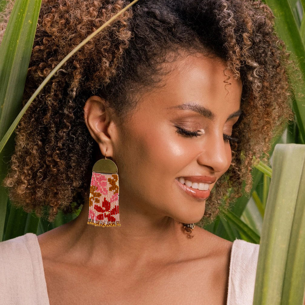 Beaded Handwoven Tropical Fringe Earrings - Pink/Mustard